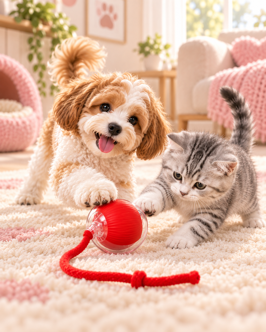 Perro y gato jugando con la pelota interactiva MIMIZOO.CO